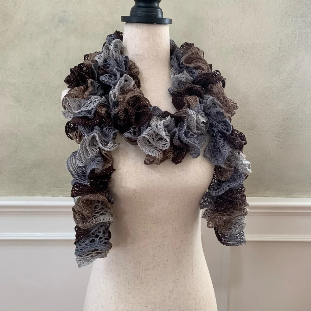 Artisan Ruffled Crochet / Knit Scarf Neutral Brown & Gray